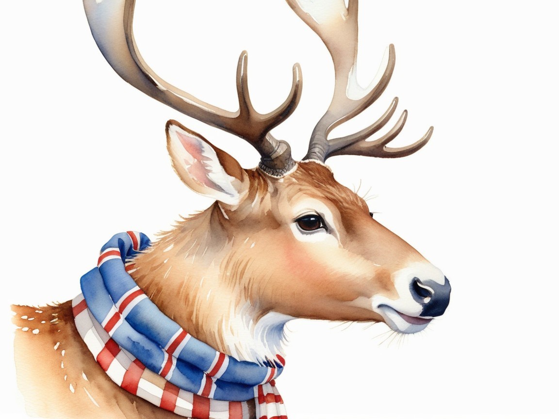 Watercolor Painting of a Reindeer with Scarf