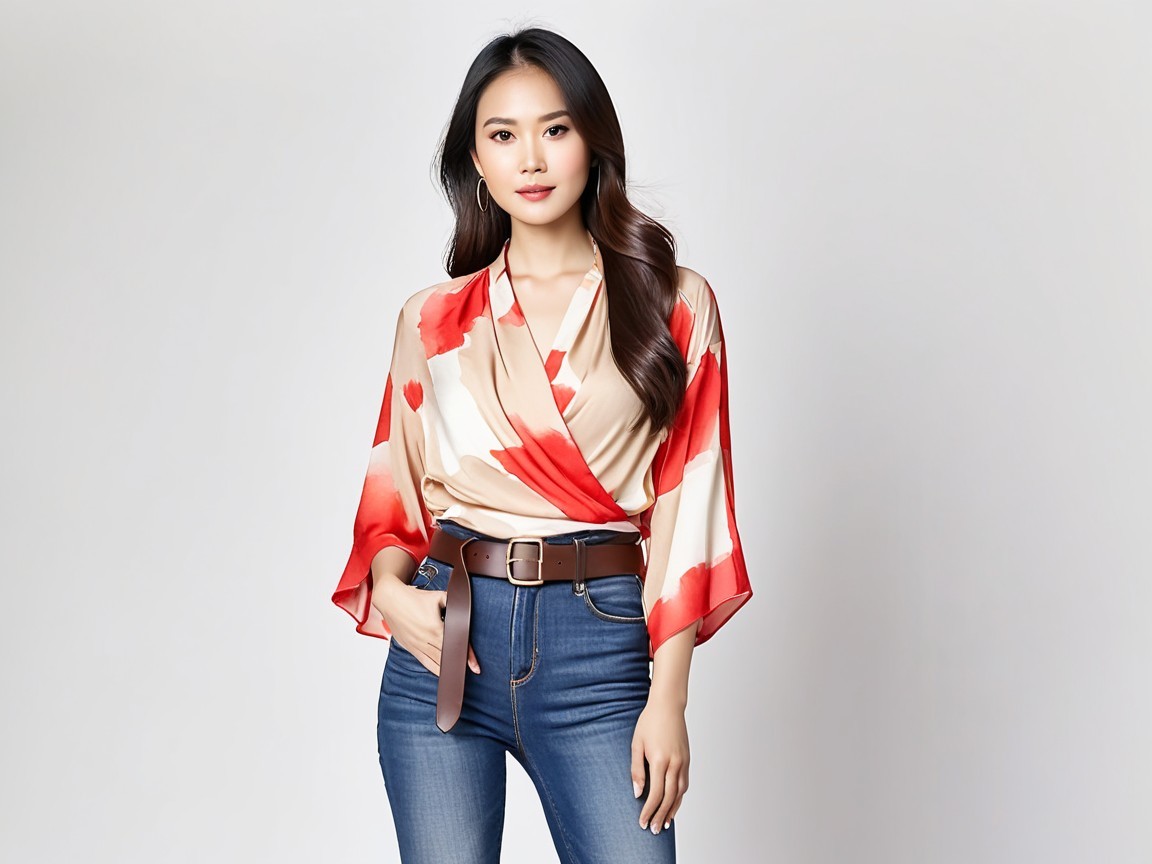 Stylish woman in vibrant wrap top and high-waisted jeans