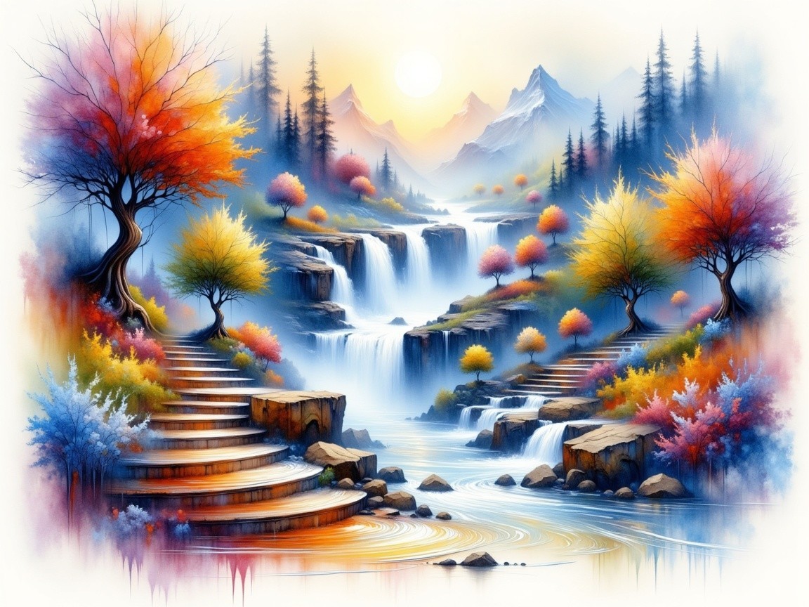 Cascading Waterfalls in Autumn Landscape with Mountains