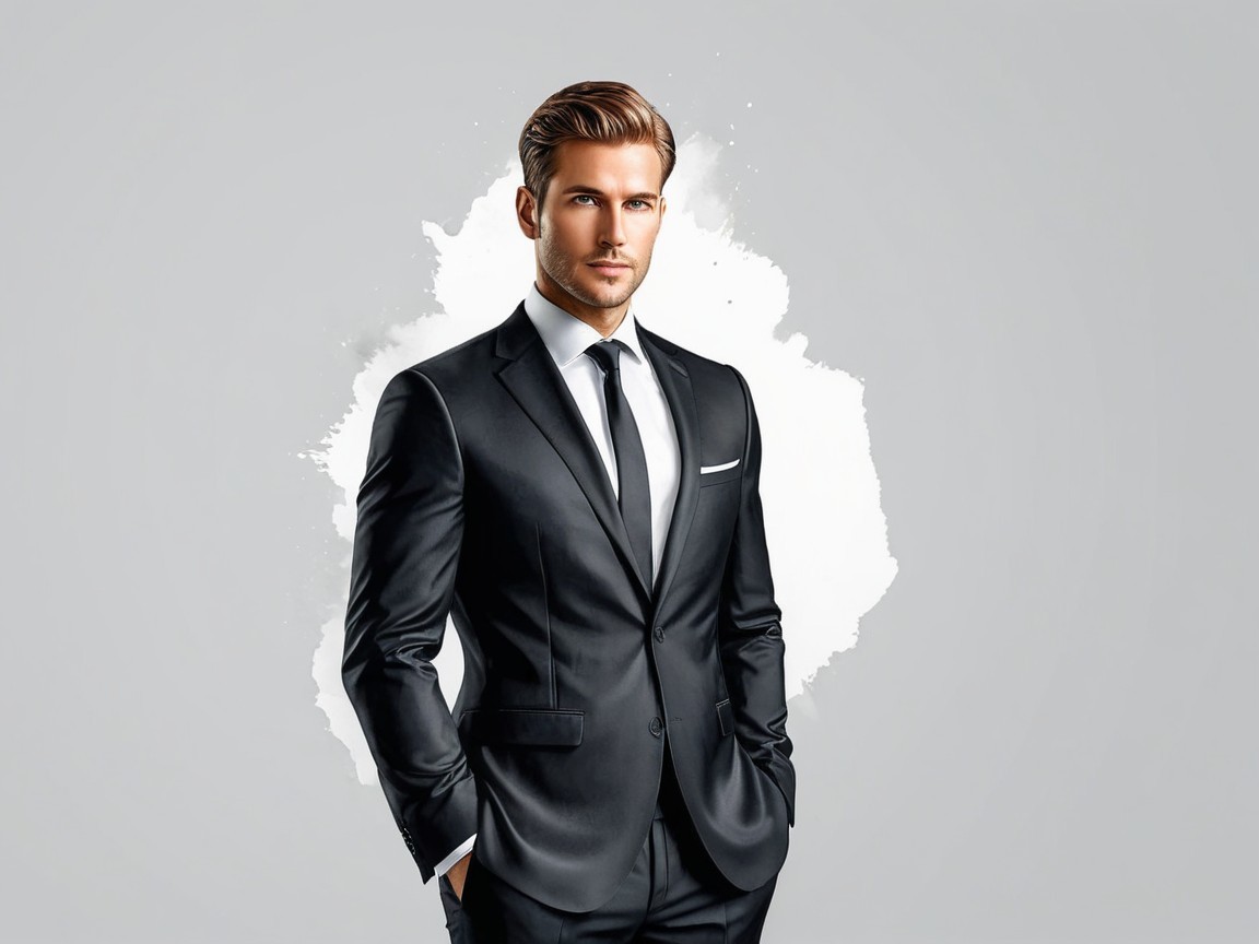 Stylish Man in Black Suit Against Gray Background