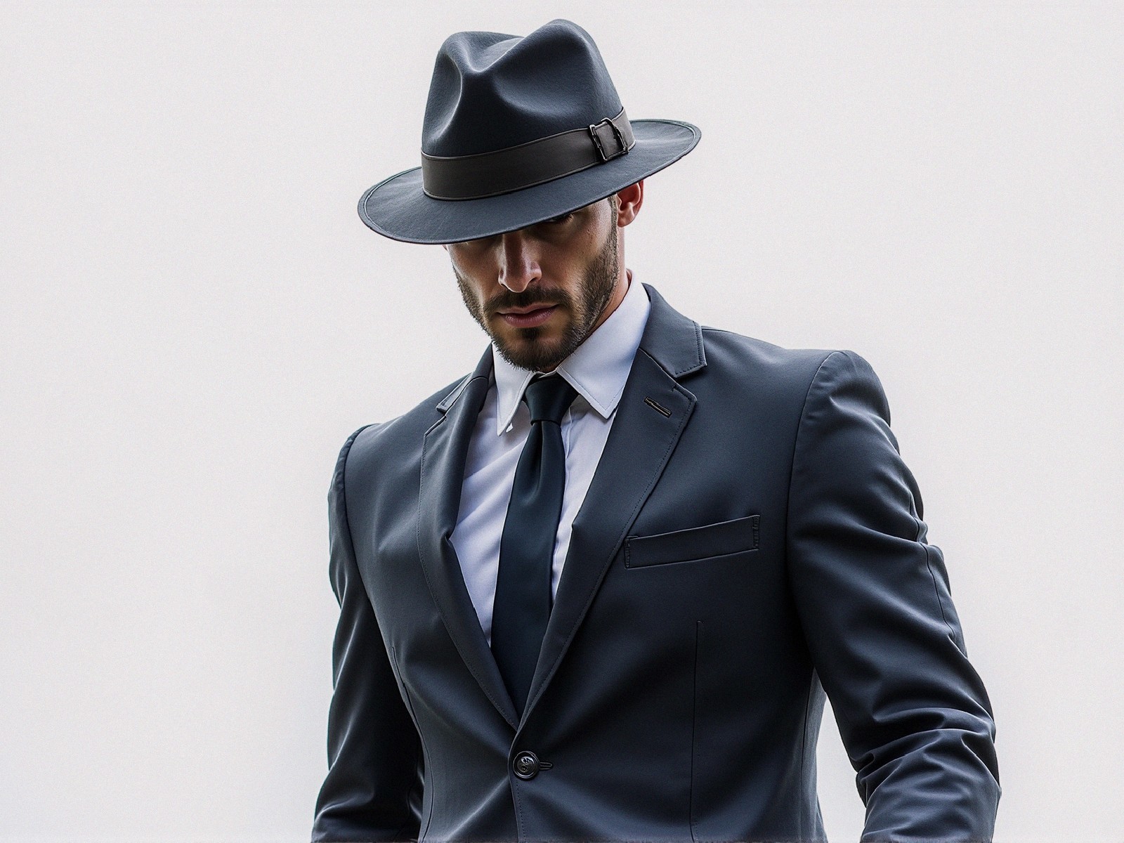 Stylish man in dark suit and wide-brimmed hat
