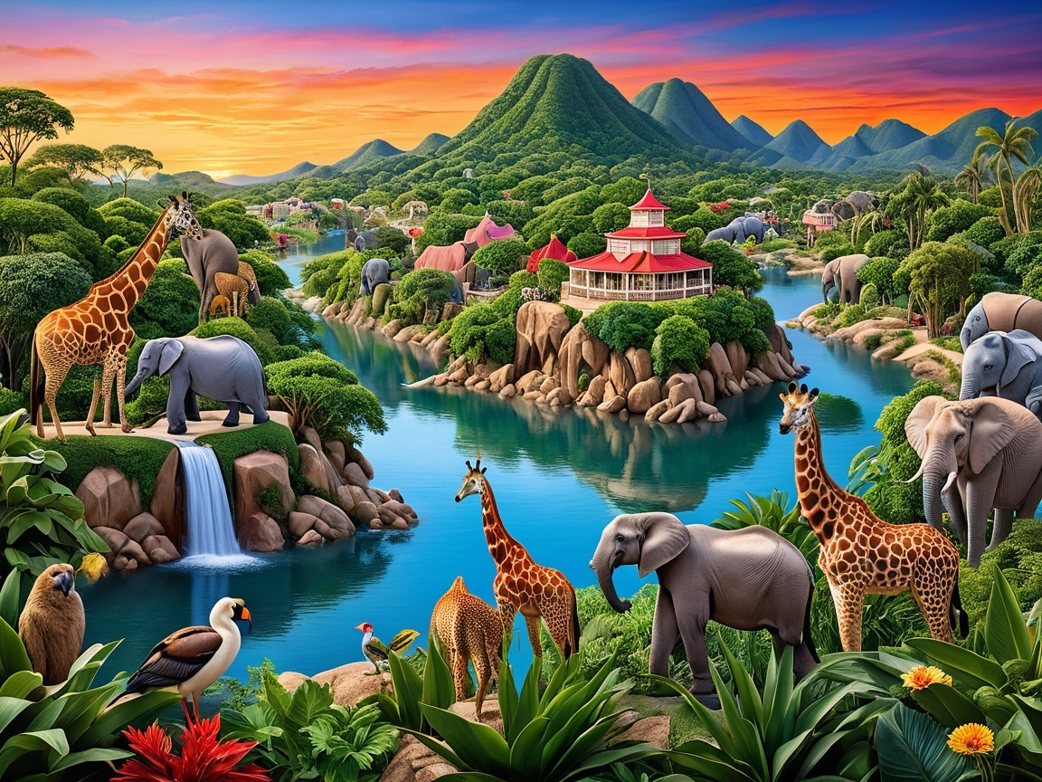 Vibrant landscape with giraffes, elephants, and waterfalls