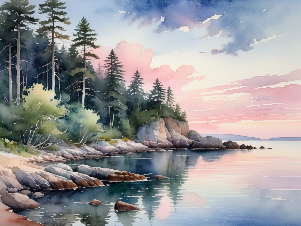 Watercolor Landscape of Tranquil Sunset Shoreline