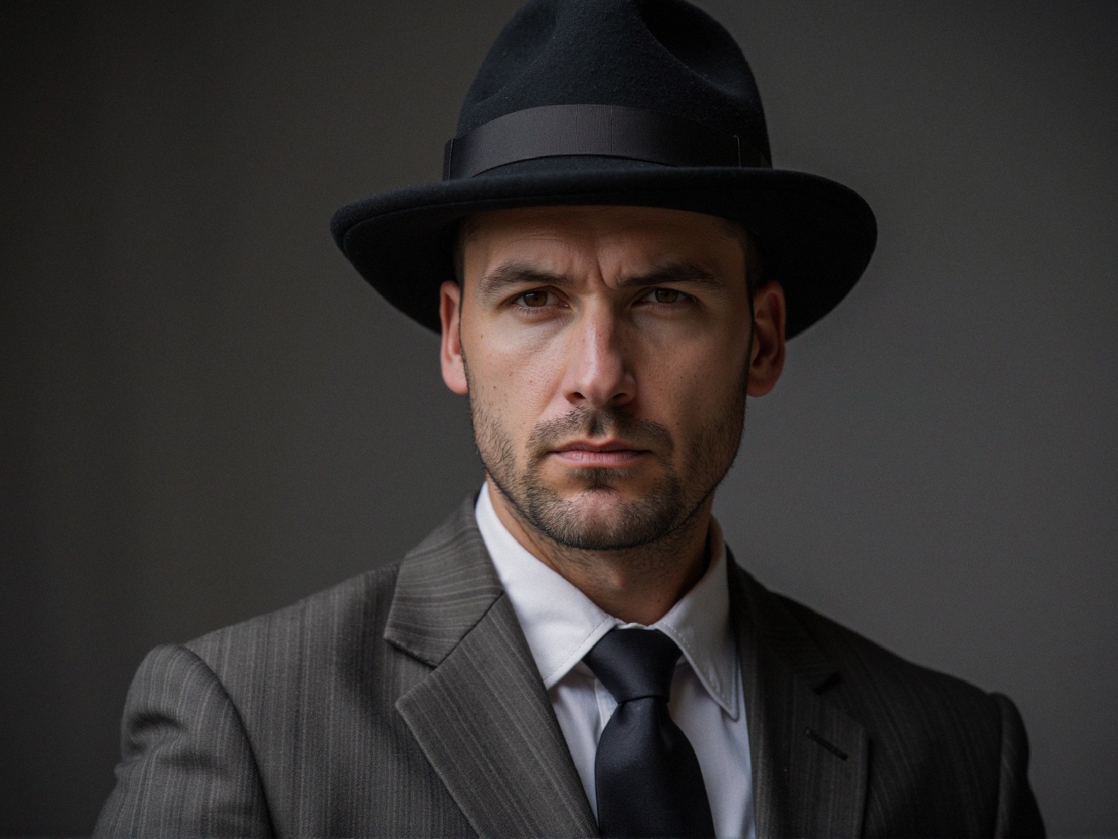 Sophisticated Man in Dark Pinstripe Suit and Hat