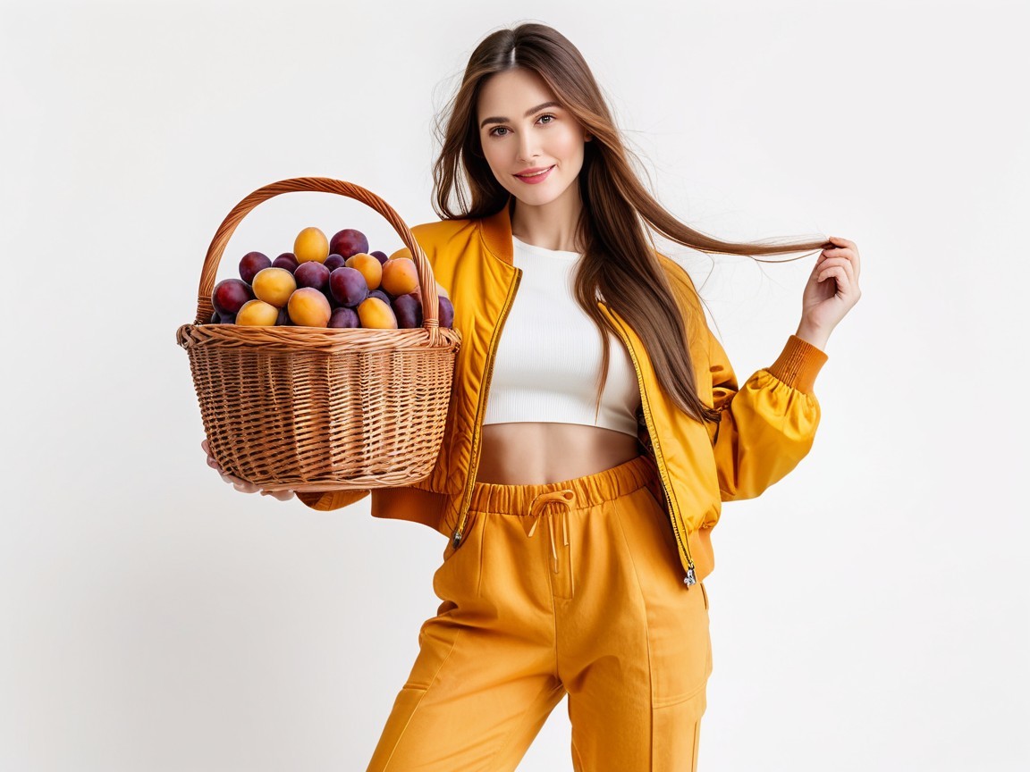 Young woman with colorful fruit basket and stylish outfit