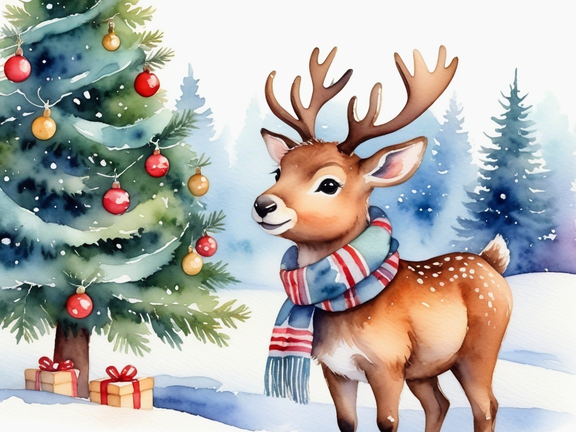 Watercolor Reindeer in Snowy Forest with Christmas Tree