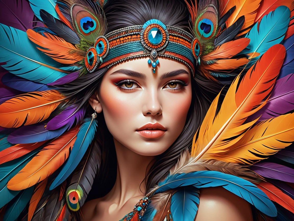 Portrait of a woman with vibrant feather headdress