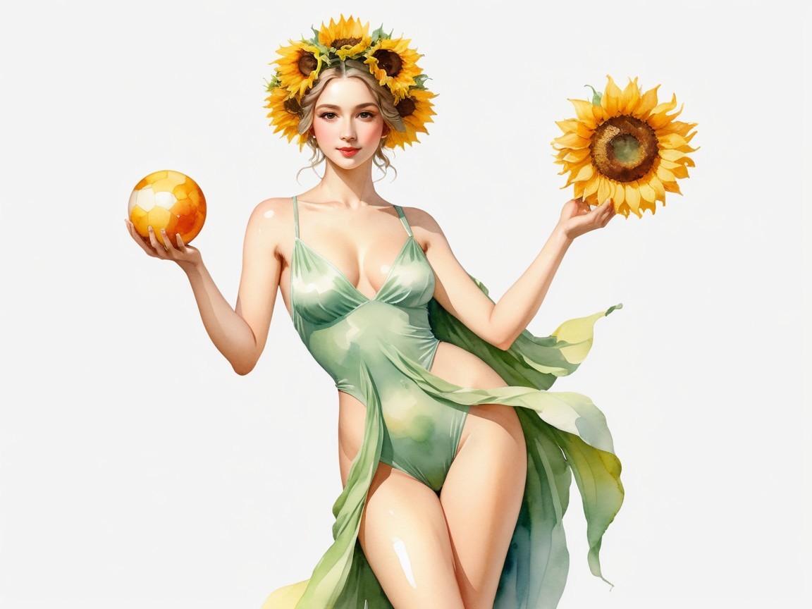 Whimsical Figure in Green Dress with Sunflowers and Ball