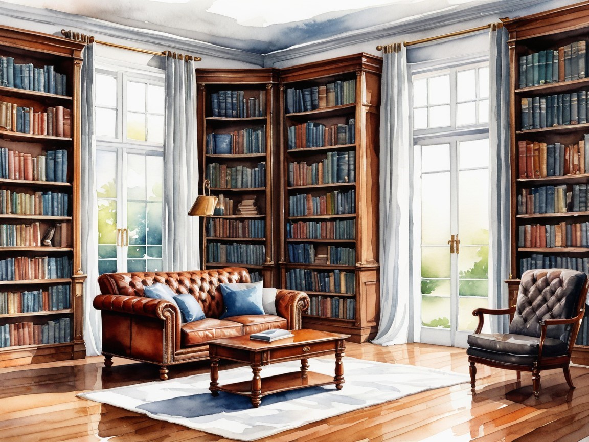 Cozy Reading Room with Dark Wood Shelves and Sofa