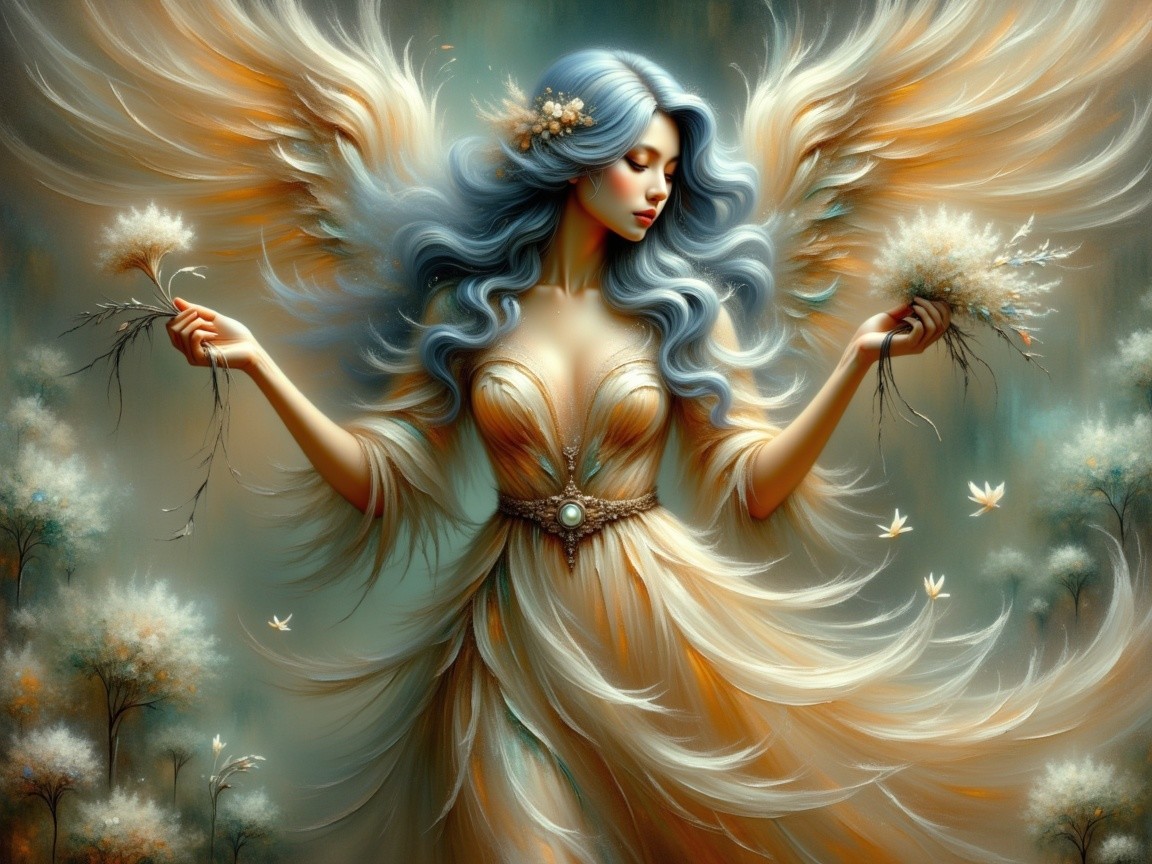 Ethereal Angelic Figure with Flowing Blue Hair