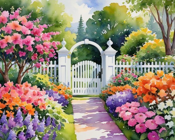 Vibrant Garden with Colorful Flowers and Picket Fence