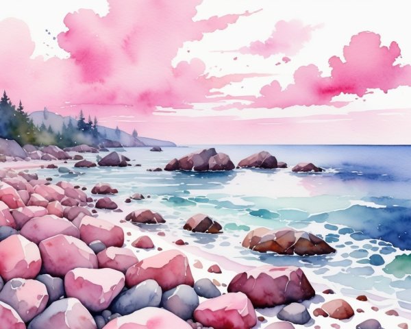 Watercolor Coastal Scene with Rocky Shoreline and Sky