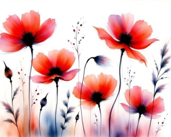 Vibrant Floral Composition with Red Poppies and Grasses