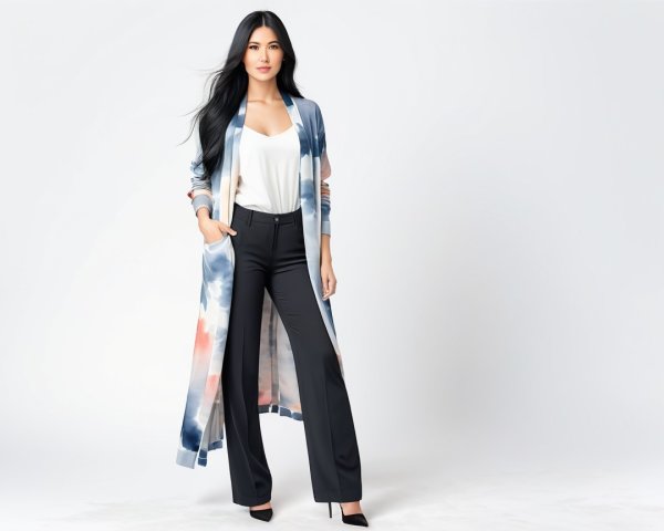Elegant Woman in Tie-Dye Cardigan and Black Trousers