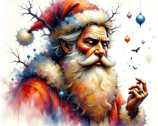 Artistic Santa Claus with Detailed Beard and Whimsical Background
