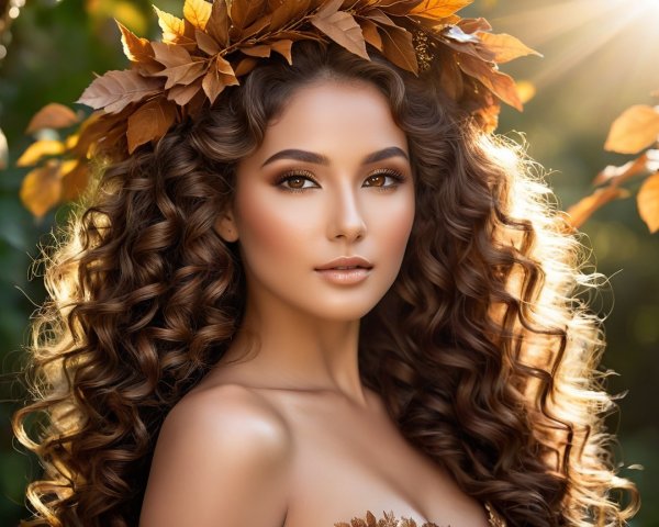 Young Woman with Curly Hair and Autumn Leaves