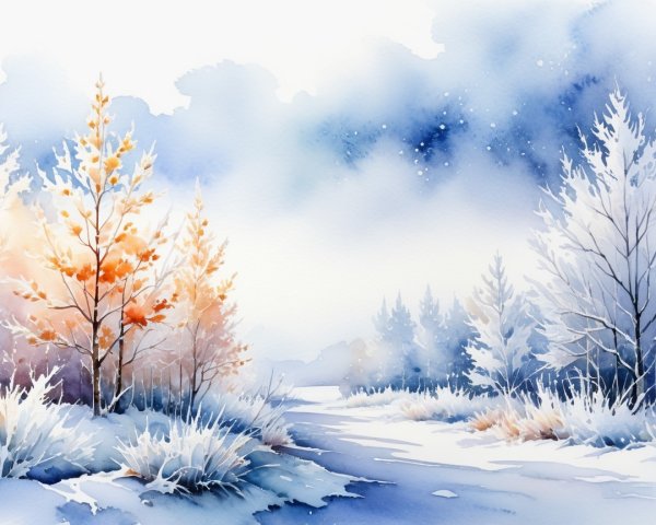 Serene Winter Landscape in Soft Watercolors