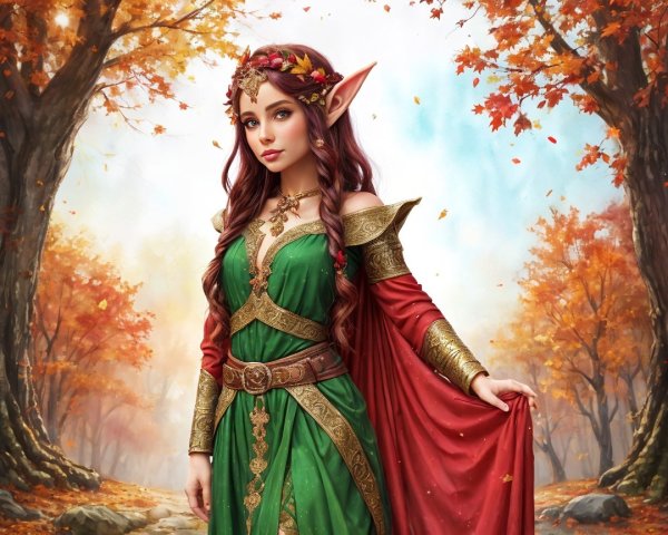 Majestic elf in autumn forest with golden gown
