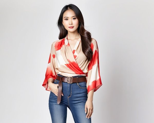 Stylish woman in vibrant wrap top and high-waisted jeans