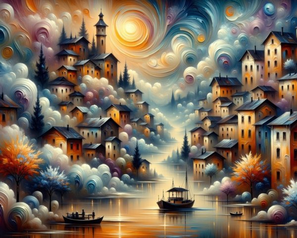 Vibrant Landscape of a Quaint Village at Sunset