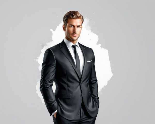 Stylish Man in Black Suit Against Gray Background