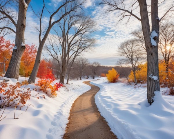 Serene winter landscape with snow-covered path and trees