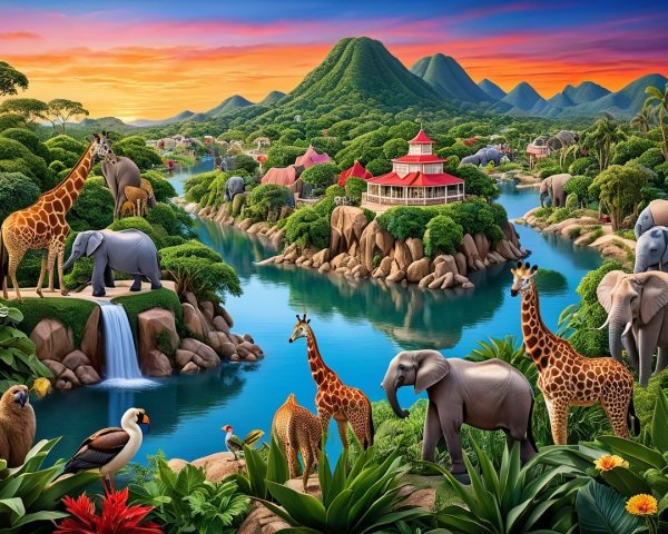 Vibrant landscape with giraffes, elephants, and waterfalls