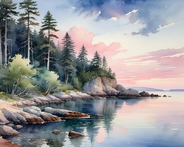 Watercolor Landscape of Tranquil Sunset Shoreline