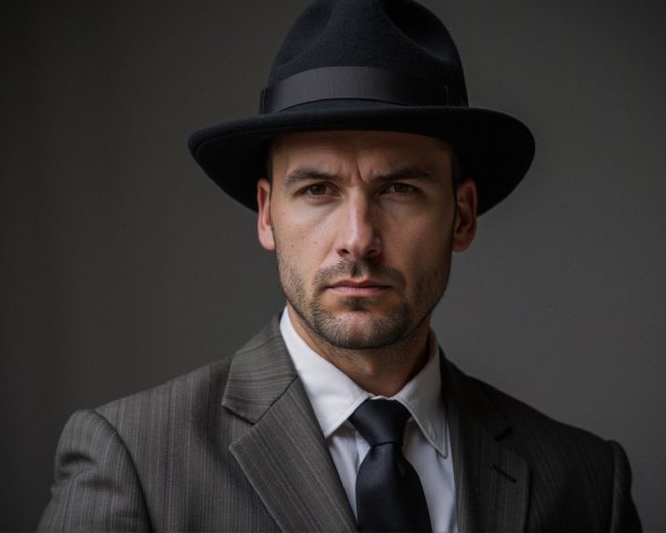 Sophisticated Man in Dark Pinstripe Suit and Hat