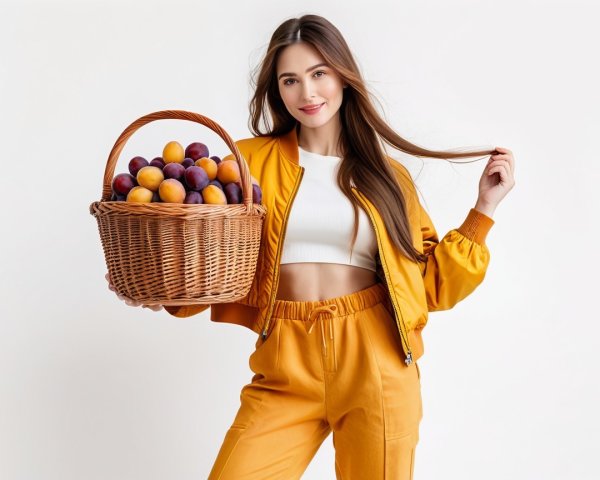Young woman with colorful fruit basket and stylish outfit