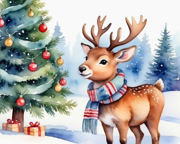 Watercolor Reindeer in Snowy Forest with Christmas Tree