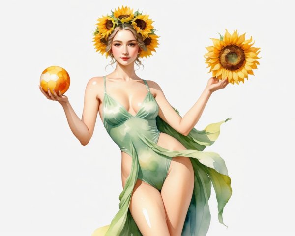 Whimsical Figure in Green Dress with Sunflowers and Ball