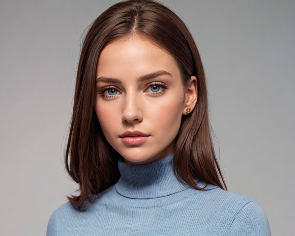 Young Woman in Light Blue Sweater Against Neutral Background