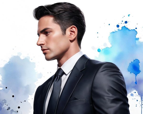 Young man in black suit with blue watercolor background