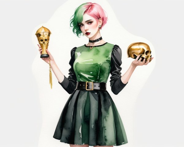 Watercolor Painting of Woman with Split-Dyed Hair