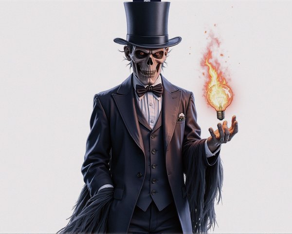 Skeletal Figure in Tuxedo with Glowing Light Bulb