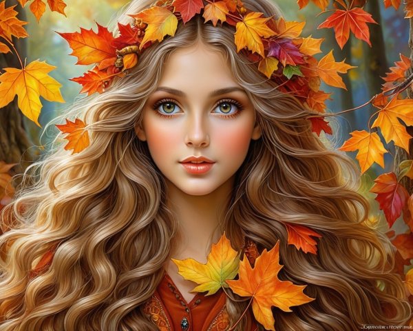 Young woman with autumn leaves in serene forest setting