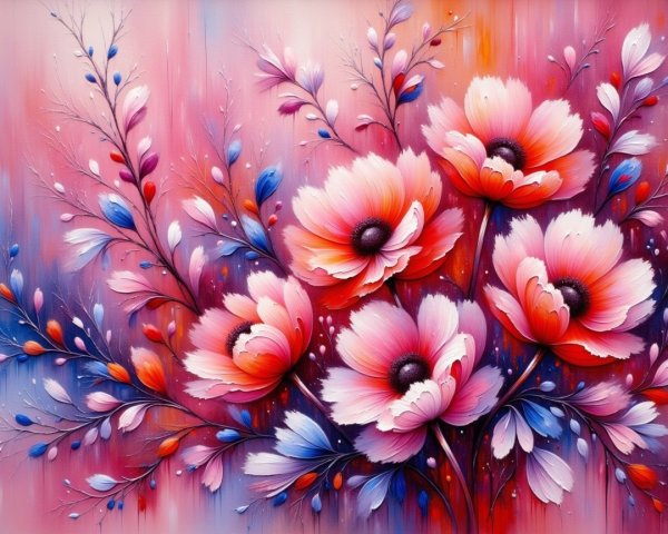 Vibrant Floral Painting of Pink Anemones and Background