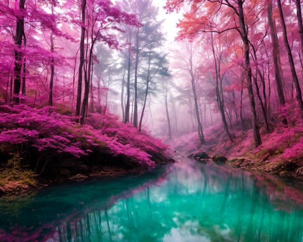 Tranquil River Surrounded by Lush Pink Trees