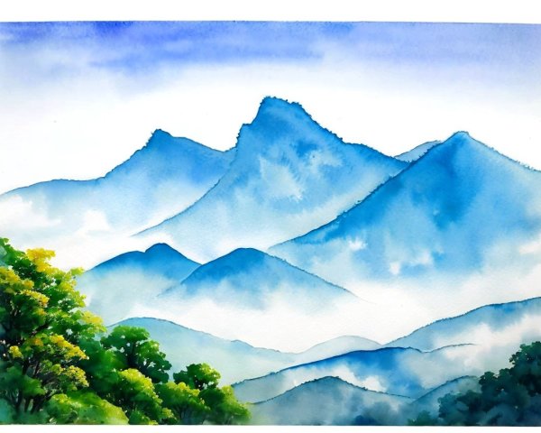 Serene Mountain Landscape in Soft Watercolor Hues