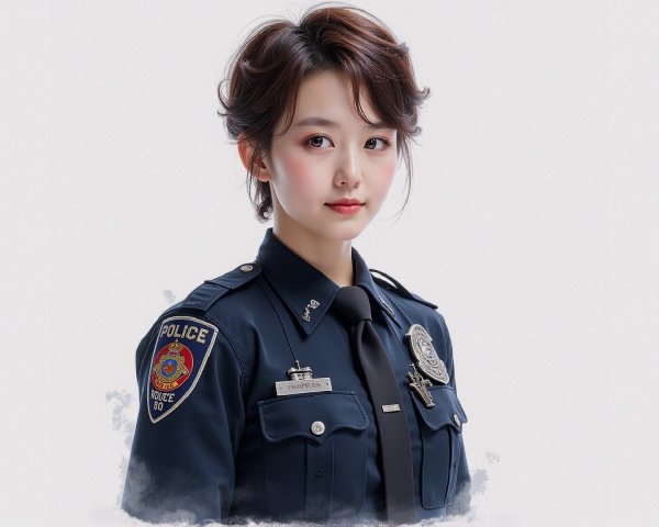 Young Female Police Officer in Dark Blue Uniform