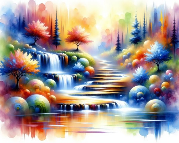 Vibrant Abstract Landscape with Waterfalls and Orbs