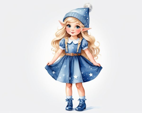 Watercolor depiction of a cute fairy girl in blue attire