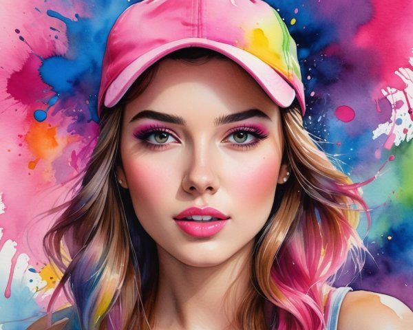 Colorful Portrait of a Young Woman in a Pink Cap