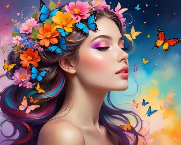 Serene Woman with Floral Crown and Colorful Butterflies