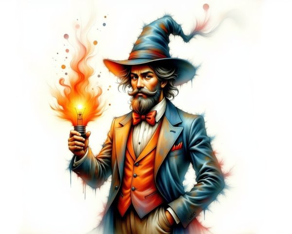 Stylish Wizard with Glowing Light Bulb and Flames