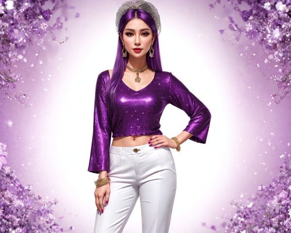 Fashionable Woman with Purple Hair and Stylish Outfit