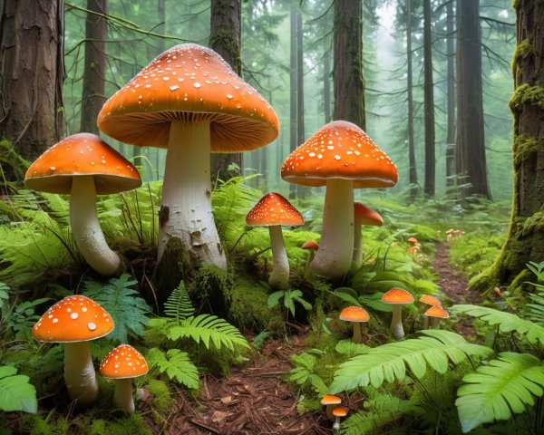 Vibrant Orange Mushrooms in a Serene Forest Scene