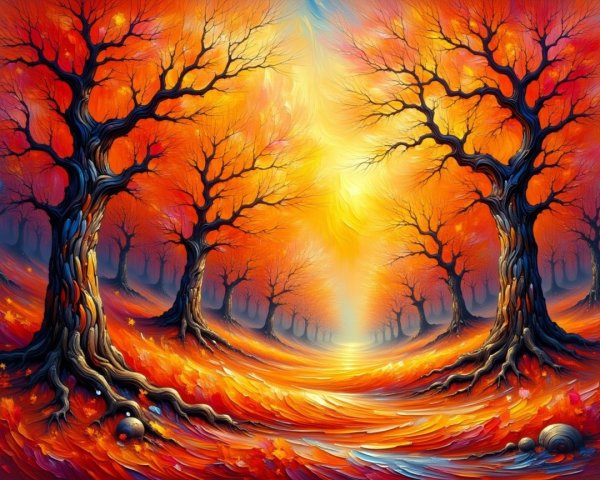 Vibrant Autumn Landscape with Twisted Trees and Leaves