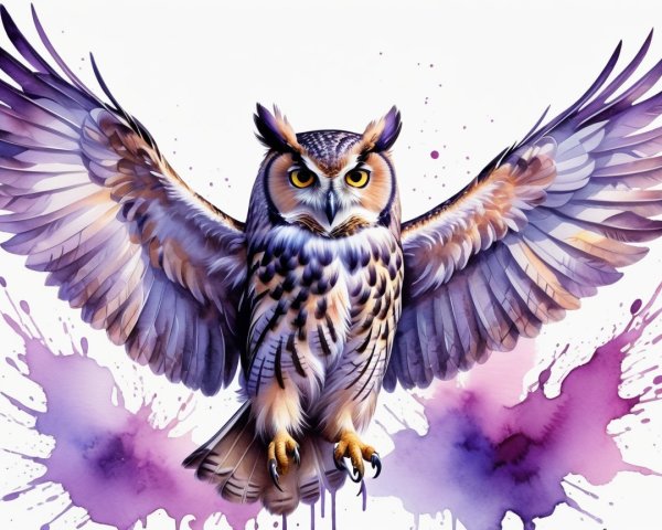 Majestic owl with yellow eyes and colorful watercolor backdrop